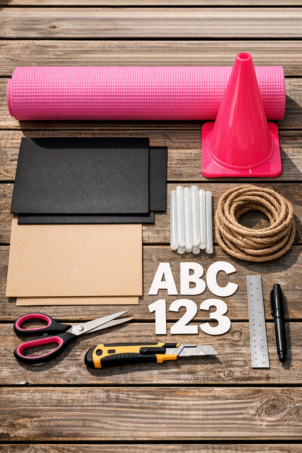 Materials for a giant pink crayon door hanger laid out on a table