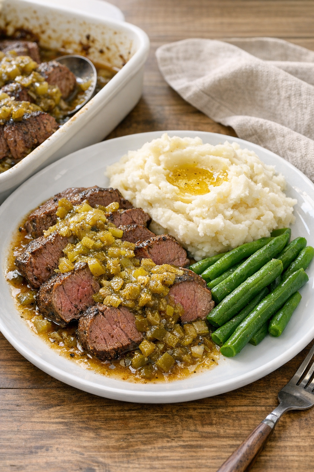 Finished beef and green chile bake plated for dinner
