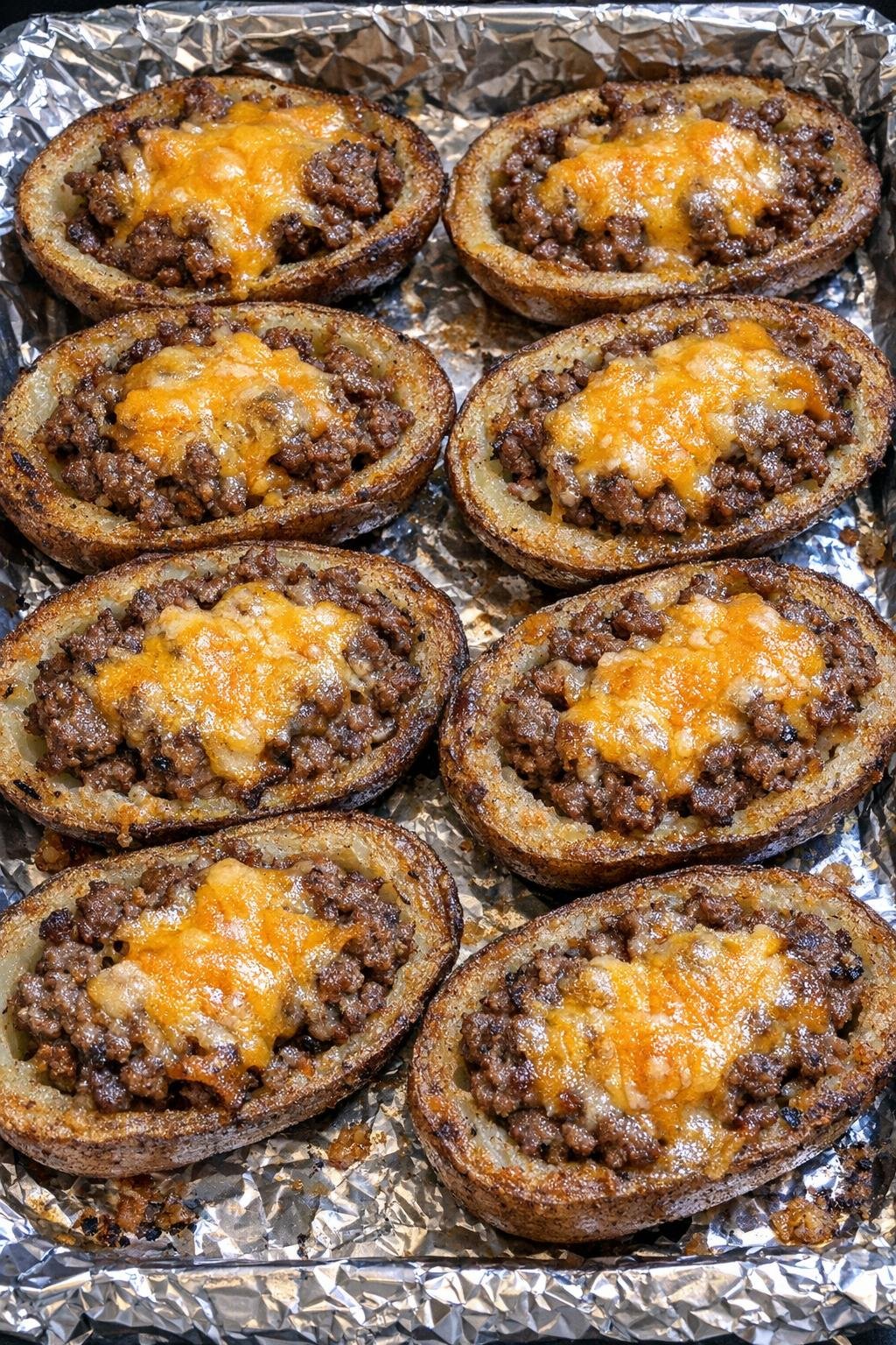Oven baked beef loaded potato skins on a foil-lined baking sheet