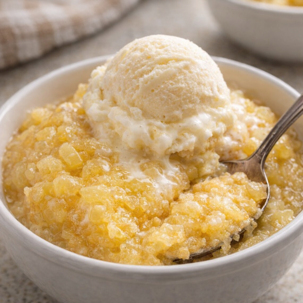 Warm pineapple cream cake scooped into a bowl