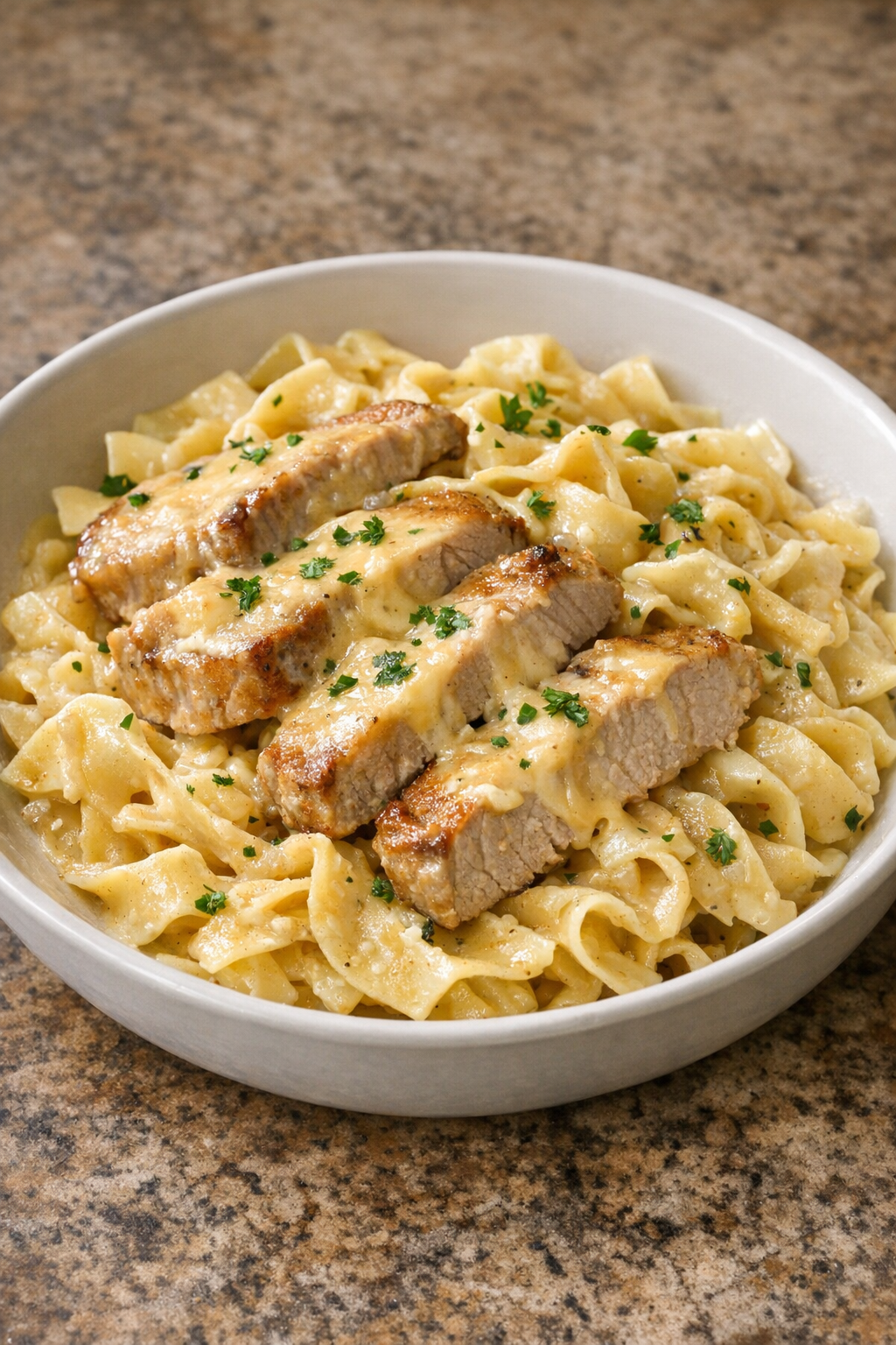 Finished plated smoked gouda pork pasta
