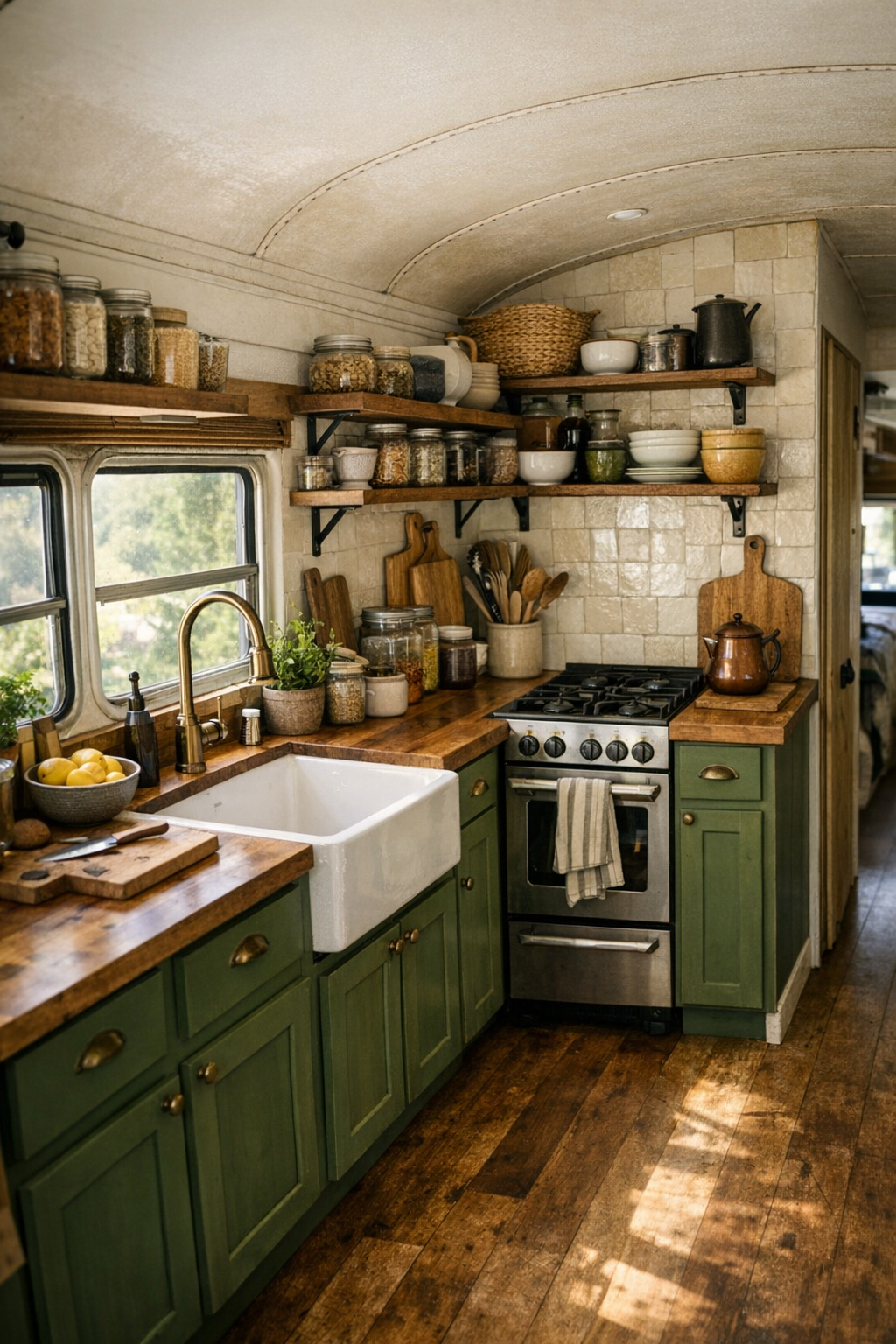 Off-grid bus kitchen with green cabinets, butcher block counters, and open shelves