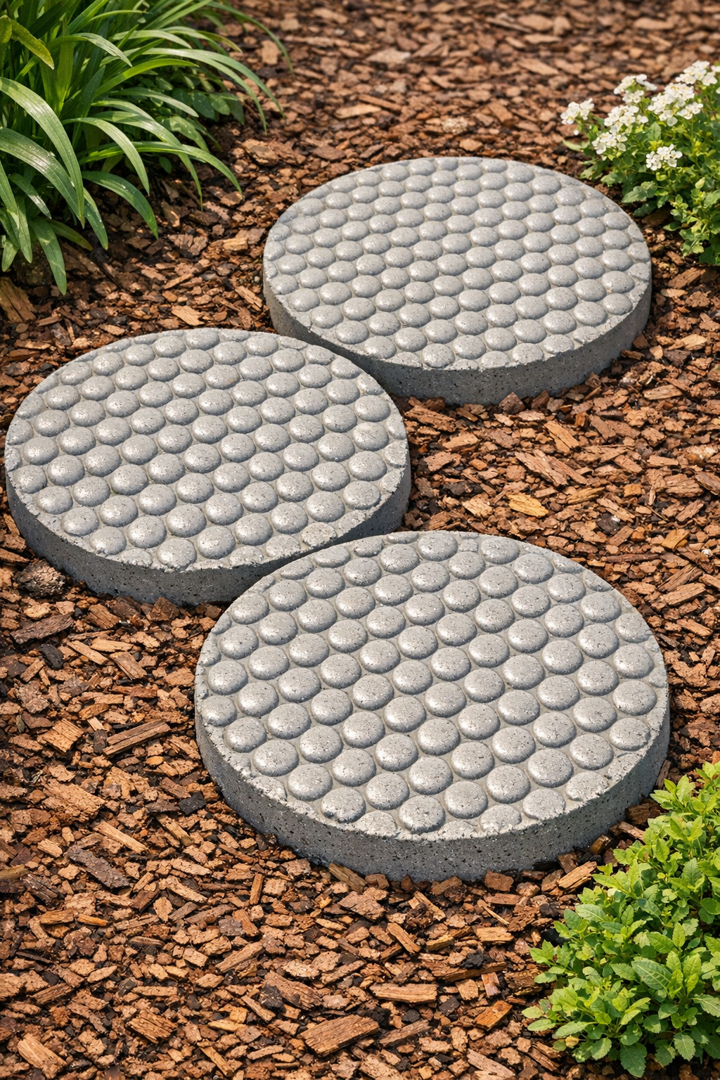 Finished honeycomb textured cement yard pavers in a garden path