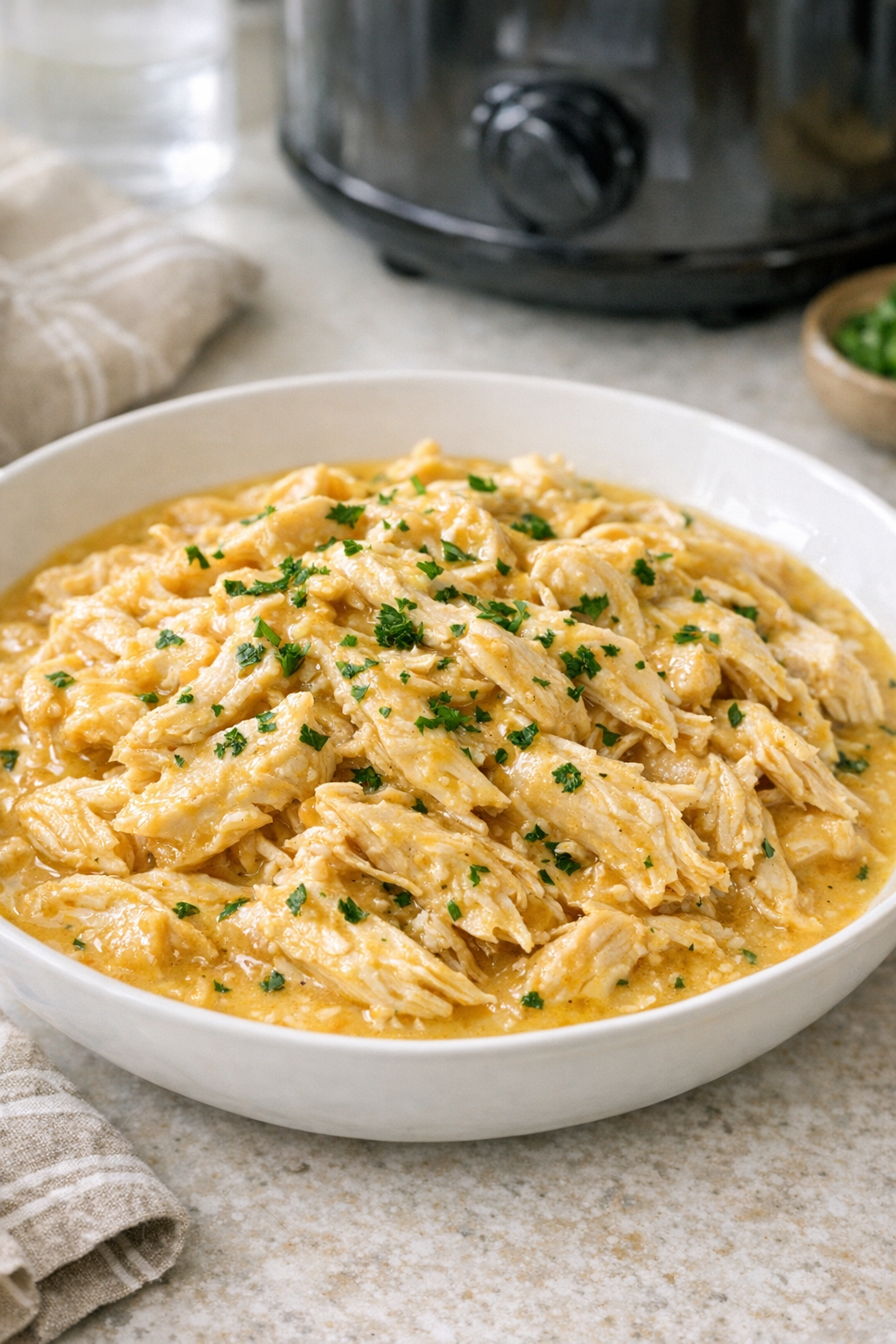 Finished slow cooker chicken plated for serving