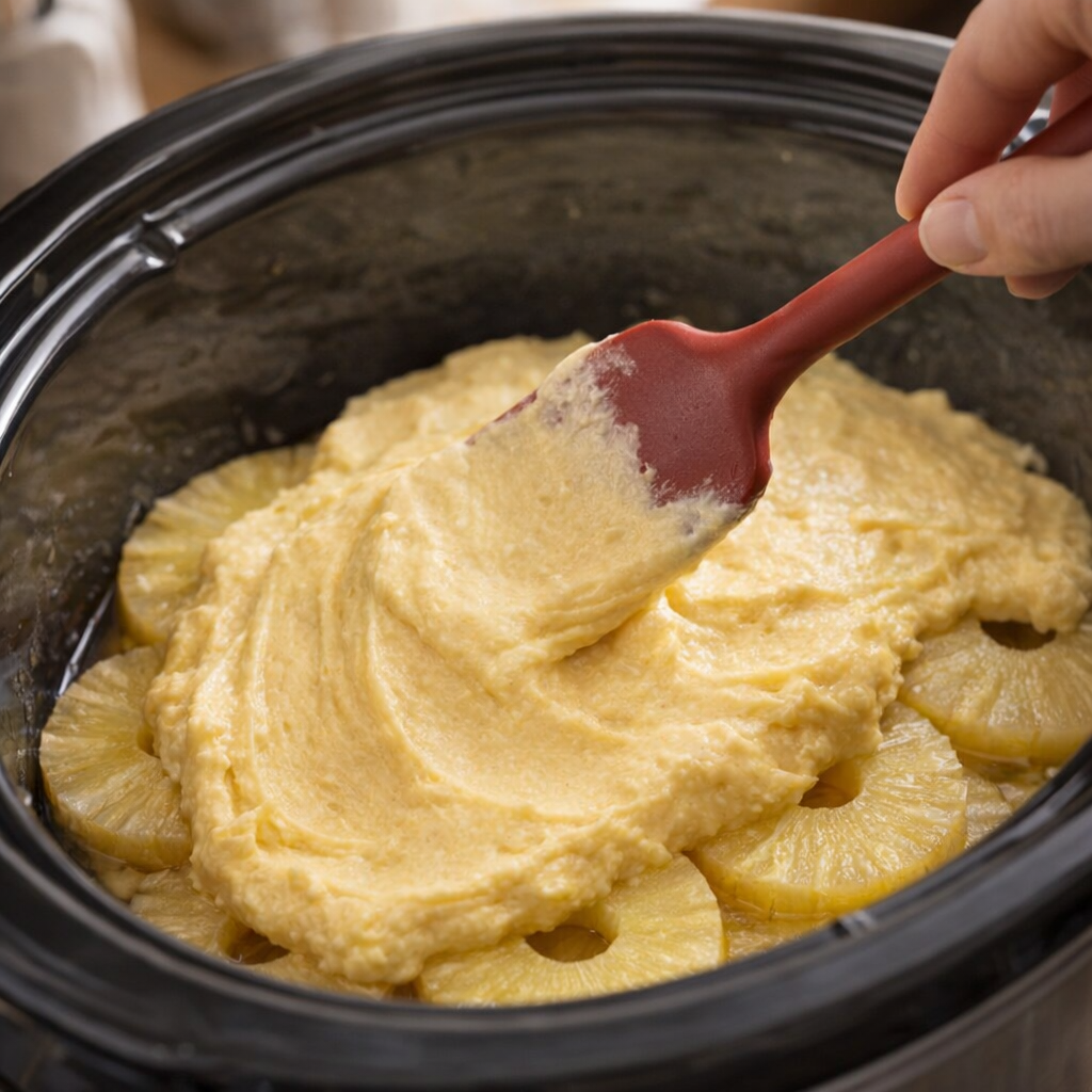 Cake batter spread over pineapple in the slow cooker