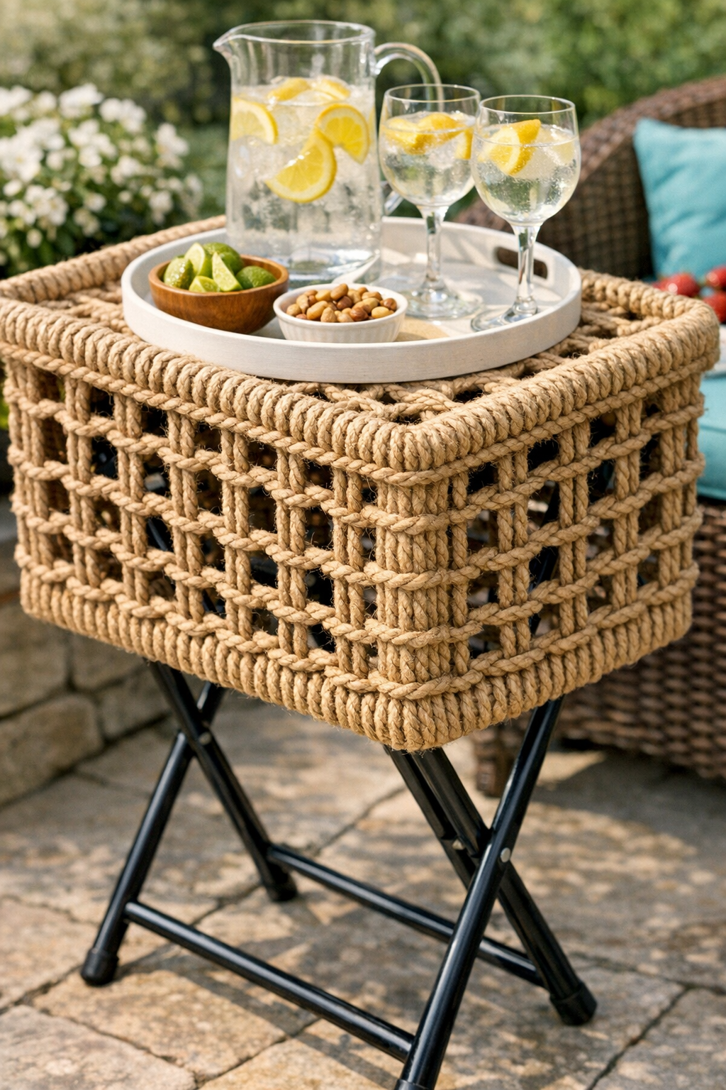 Finished jute-wrapped outdoor bar cart cover on a folding TV tray stand