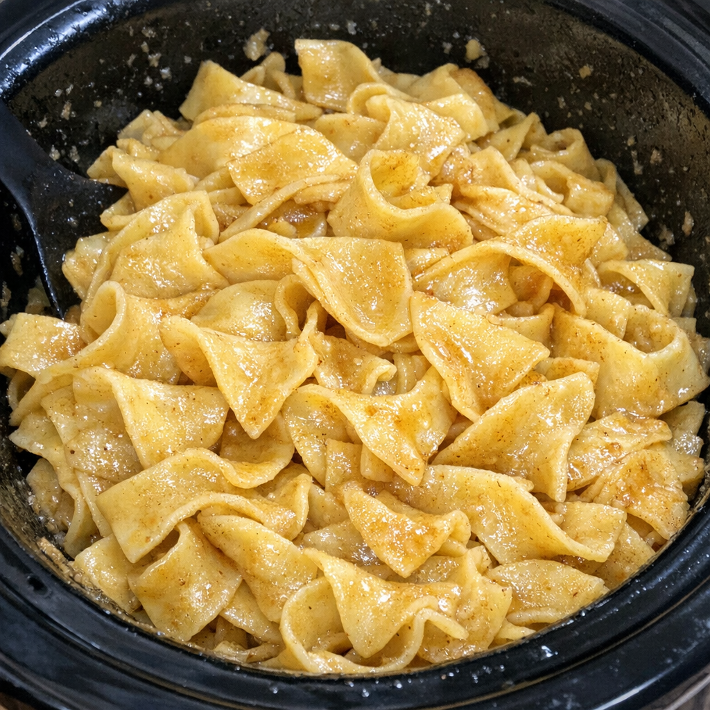 Slow cooker Amish honey butter noodles in a black slow cooker