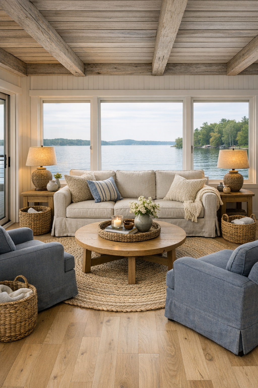 Living room with pale oak floors, slipcovered seating, and wide water-facing windows