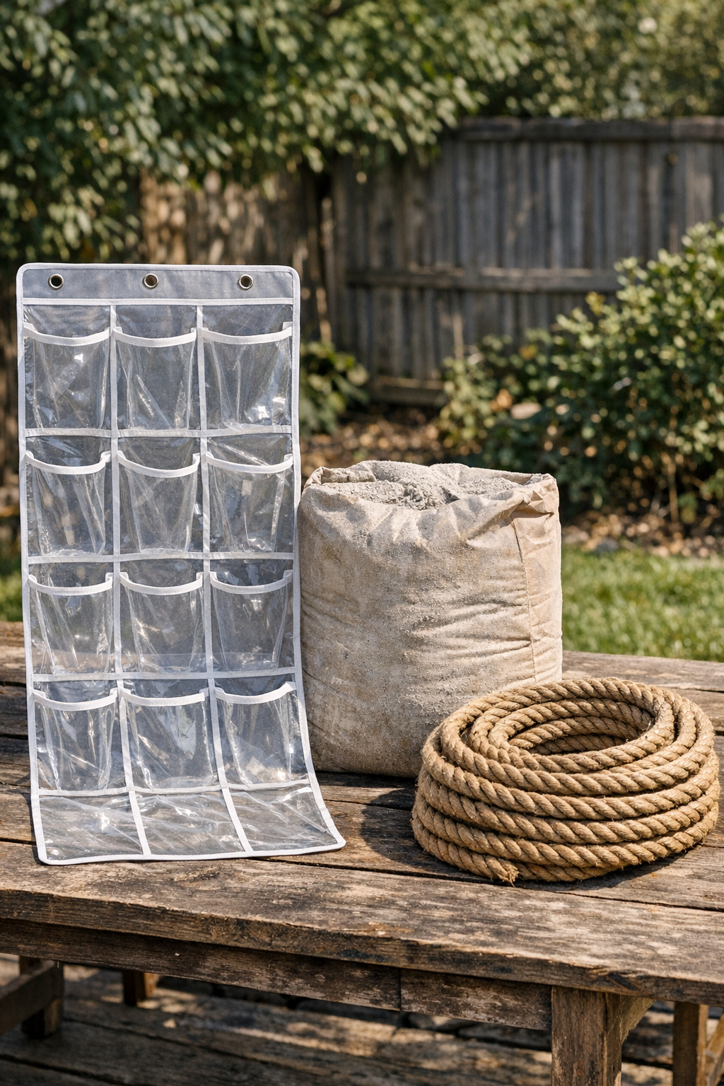 Materials for making cement yard pods laid out on a table