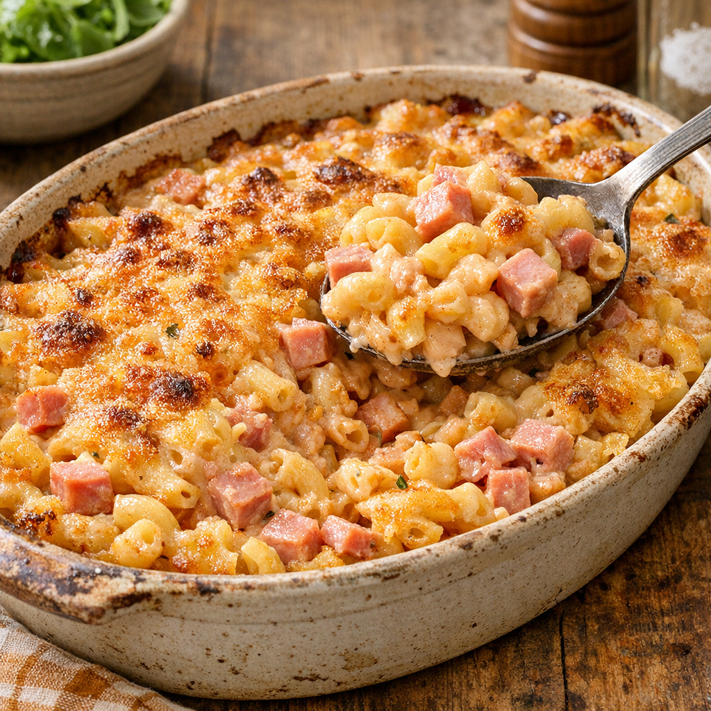 Baked thousand island macaroni with diced ham mixed in