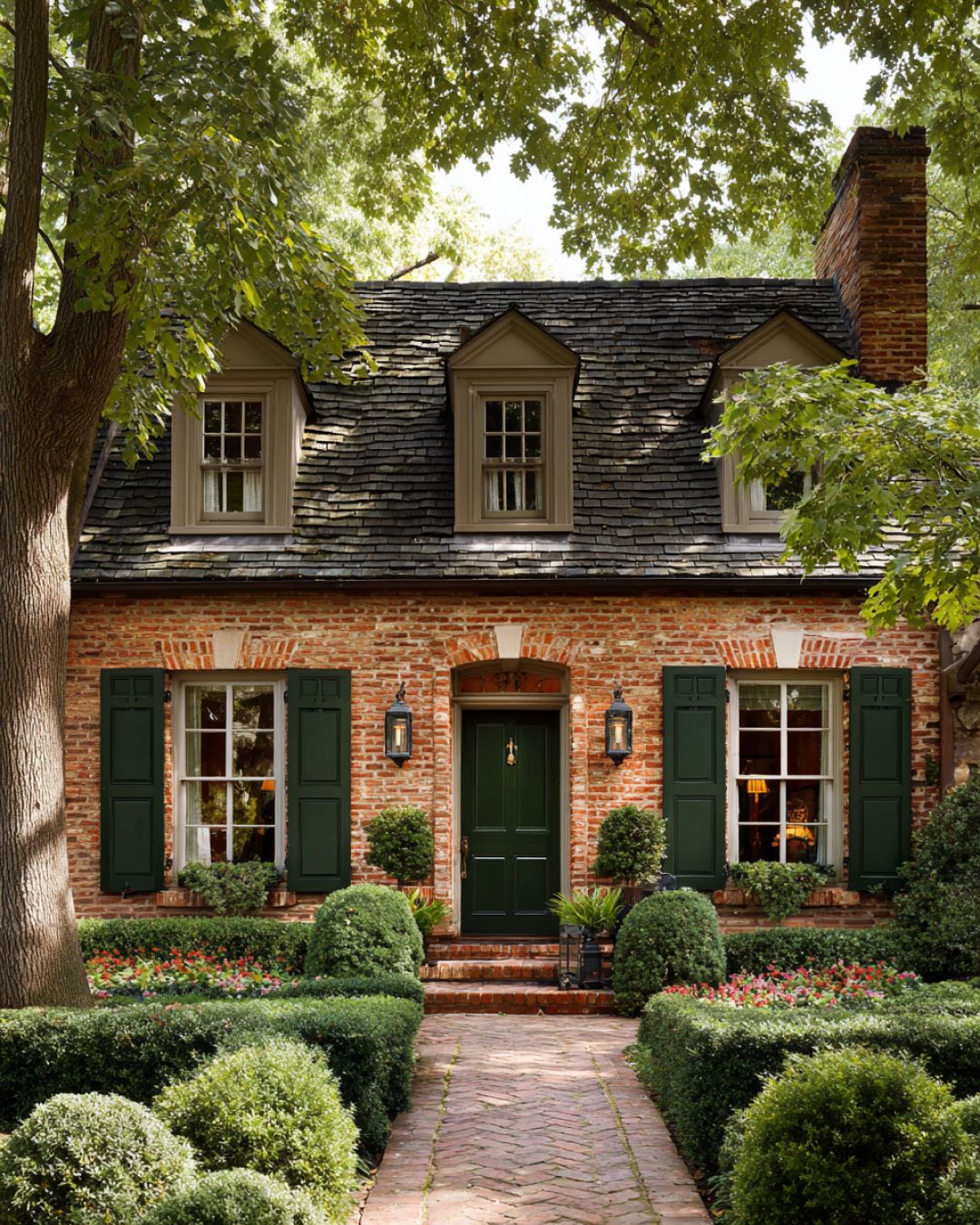 Discover this elegant brick cottage with dark green shutters. The ...
