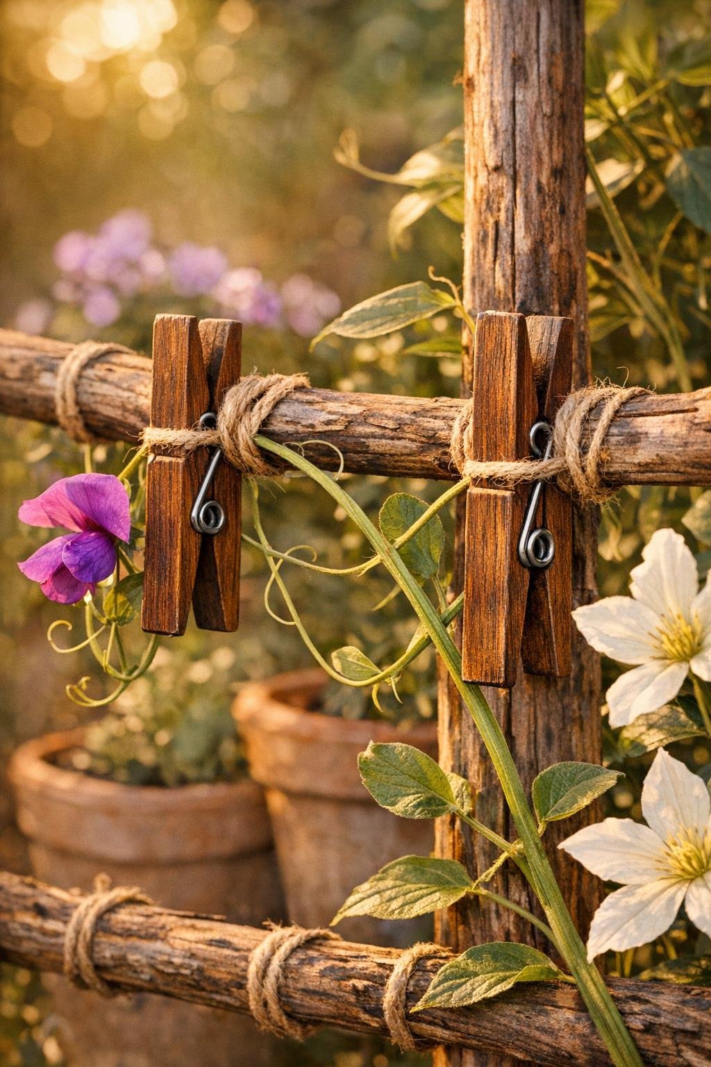 Finished stained clothespin vine support clips attached to a garden trellis