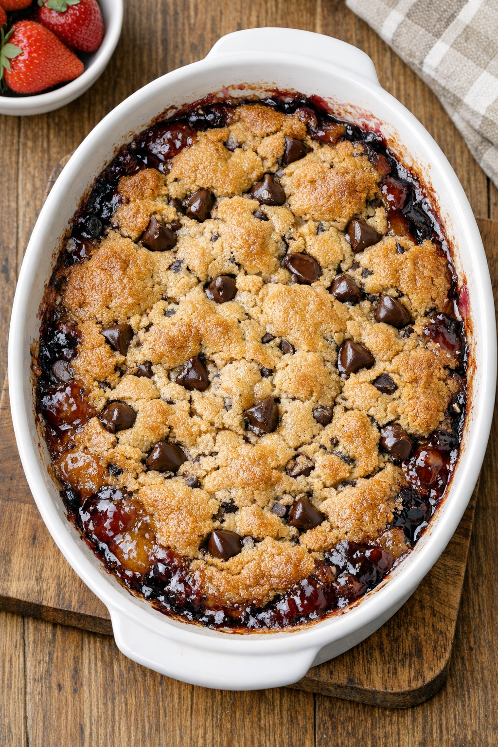 Finished baked chocolate chip cookie dessert in a casserole dish