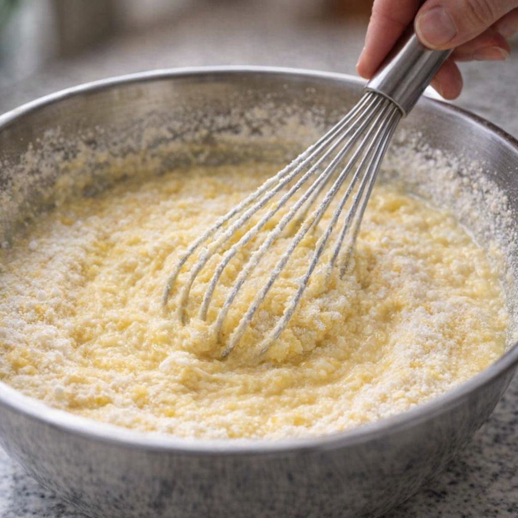 Dry cake mix and lemon pudding being whisked together