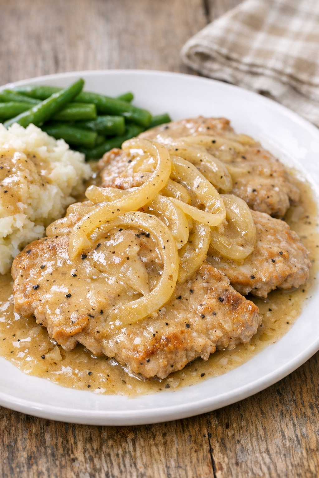Pork cutlets with sliced onions in gravy