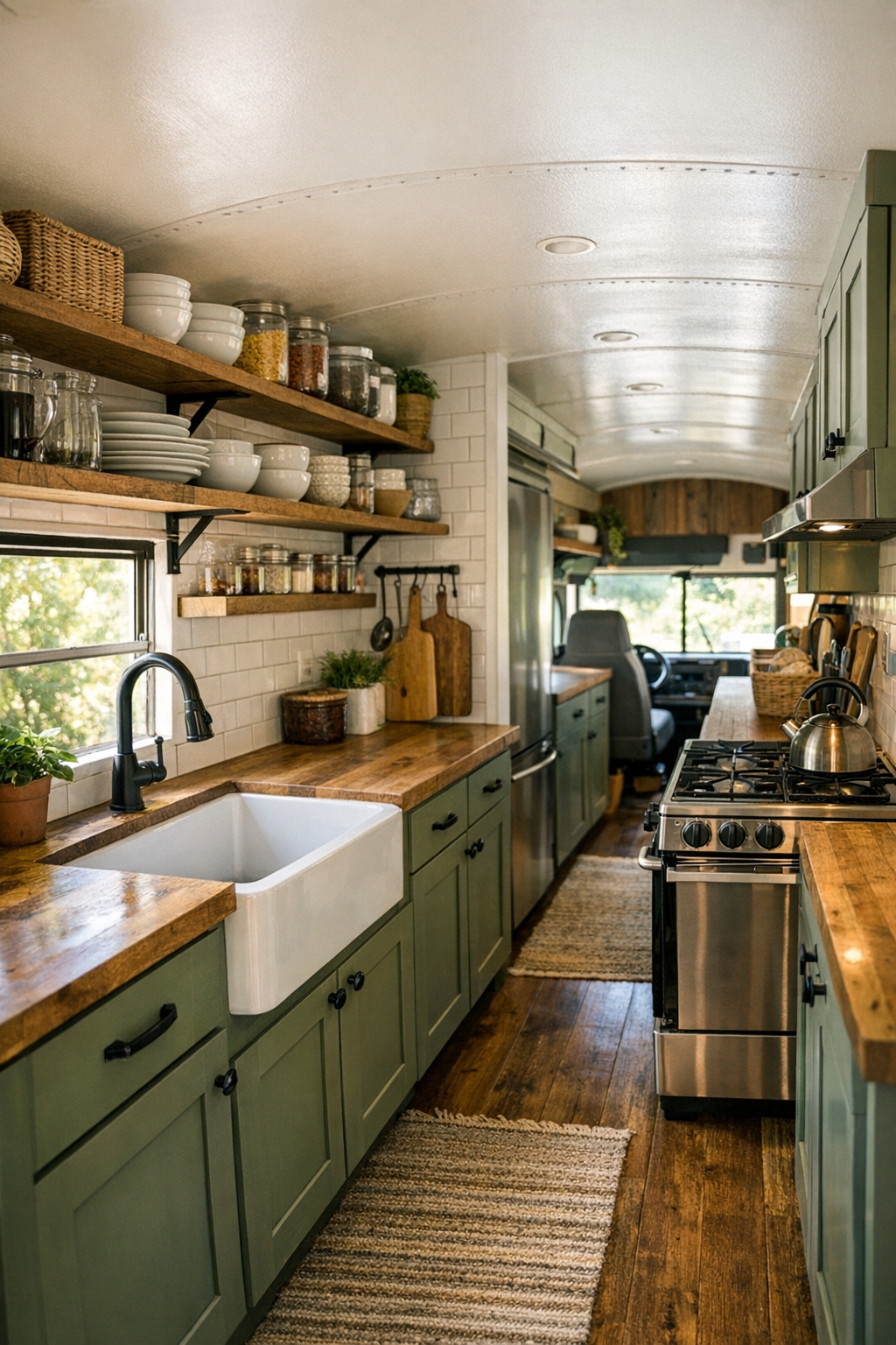 Galley kitchen in a converted bus with green cabinetry and butcher-block counters