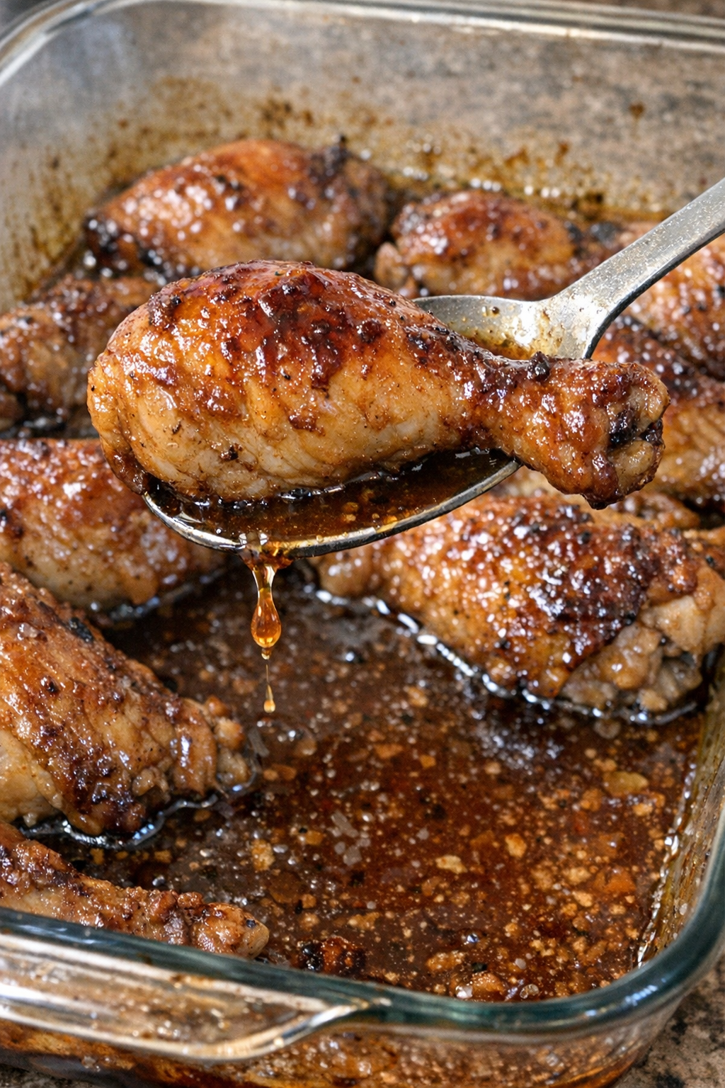 Caramelized chicken pieces in a glass casserole dish
