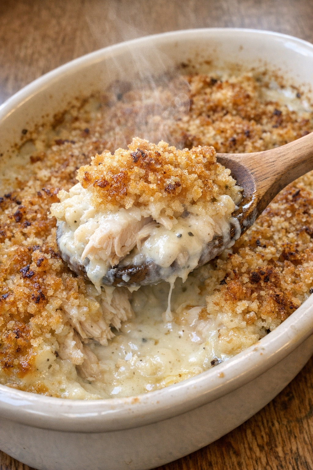 Golden brown chicken casserole in creamy sauce