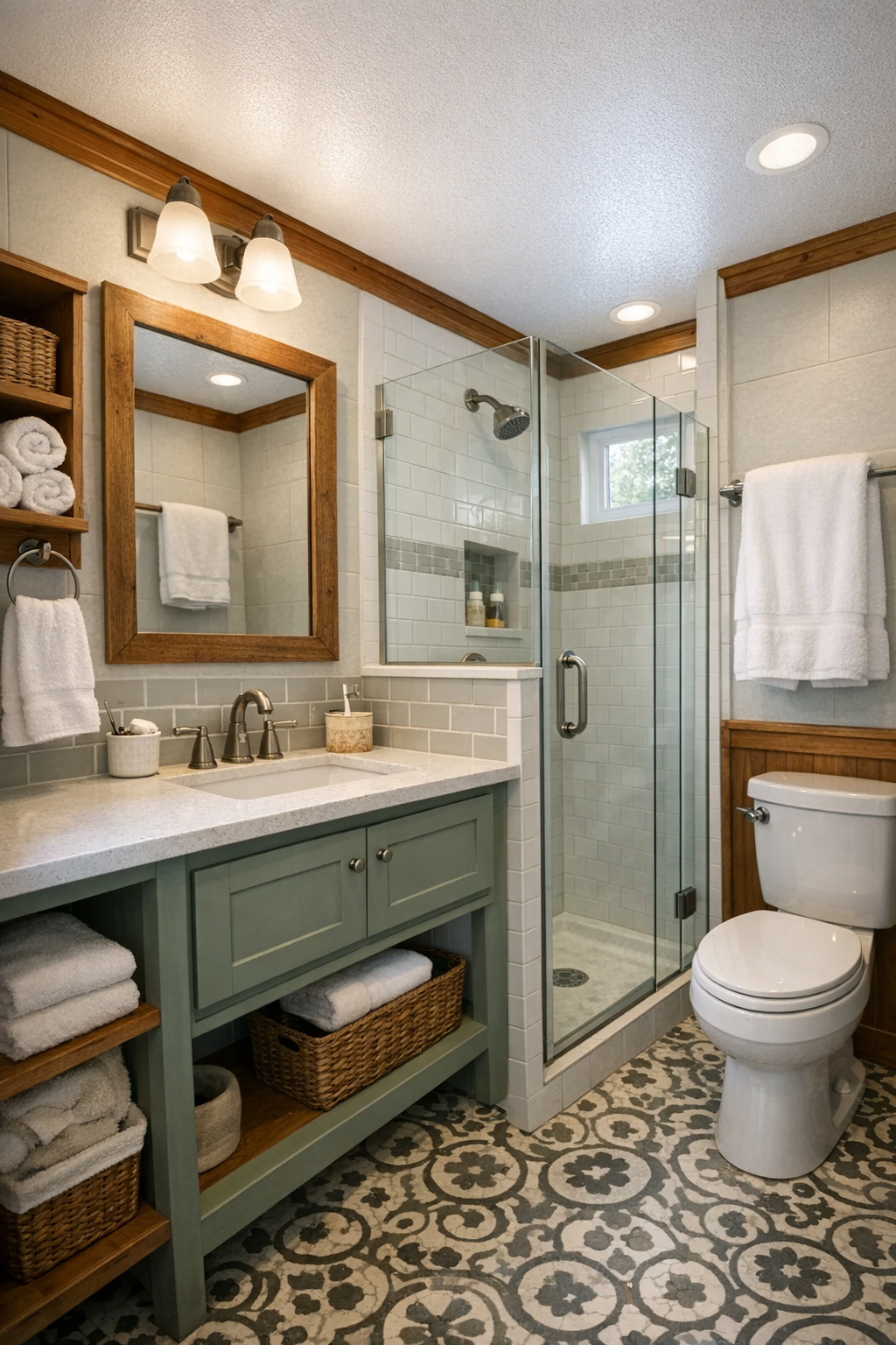Bright bathroom with craftsman vanity and a tiled shower
