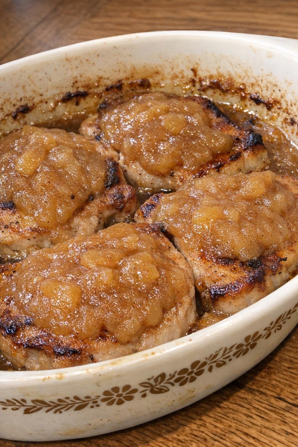 Golden browned pork chops with cinnamon applesauce in a vintage casserole dish