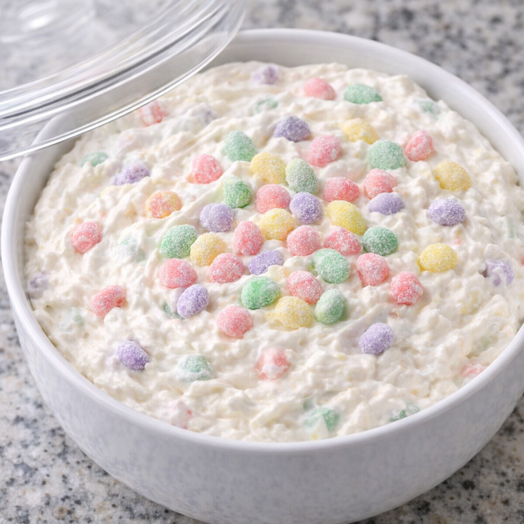 Make-ahead sweet fluff dip chilled in a serving bowl with fresh candy topping