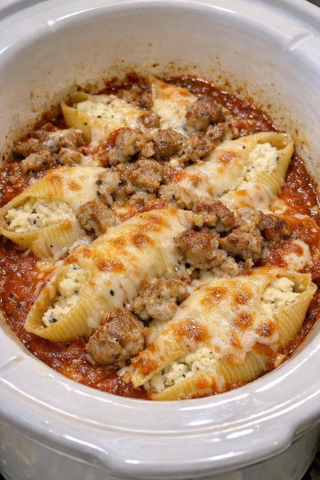 Slow cooker stuffed shells in a white crock