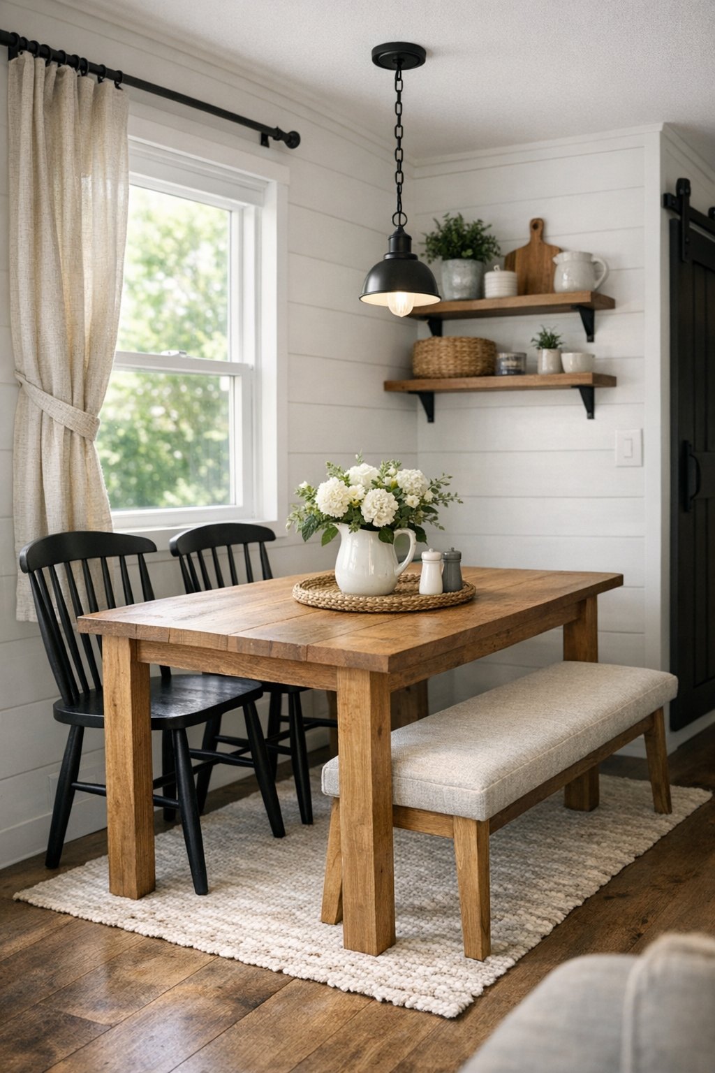 Cozy farmhouse dining nook with wood table and spindle-back chairs