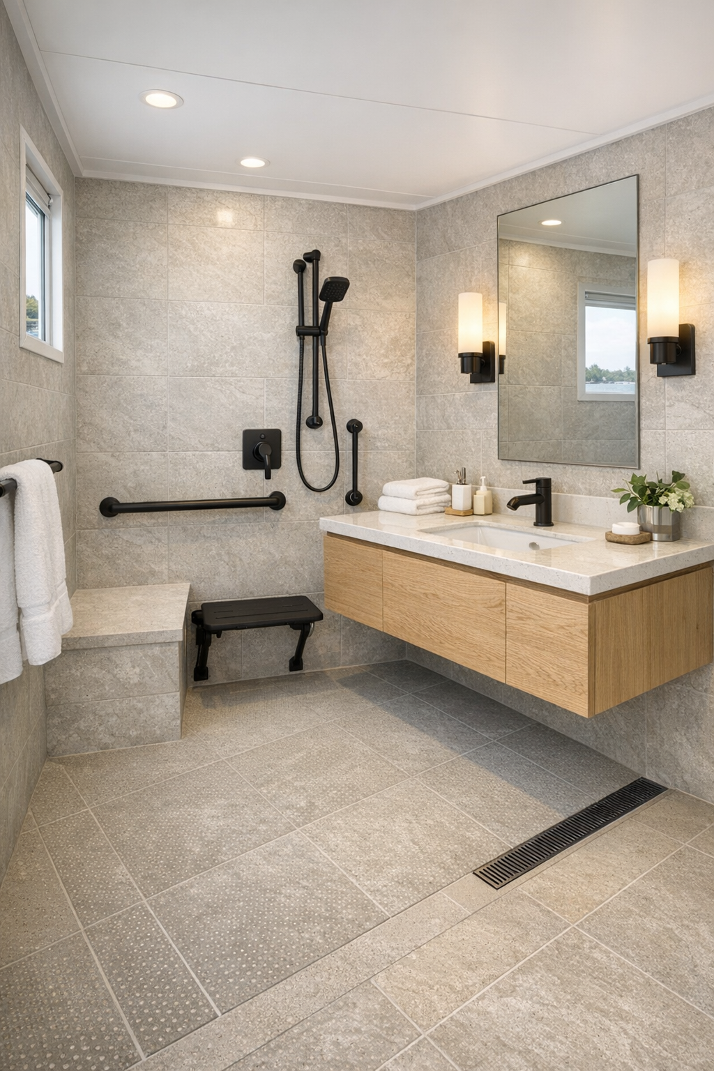 Spa-like accessible bathroom with curbless shower, oak vanity, and pale tile