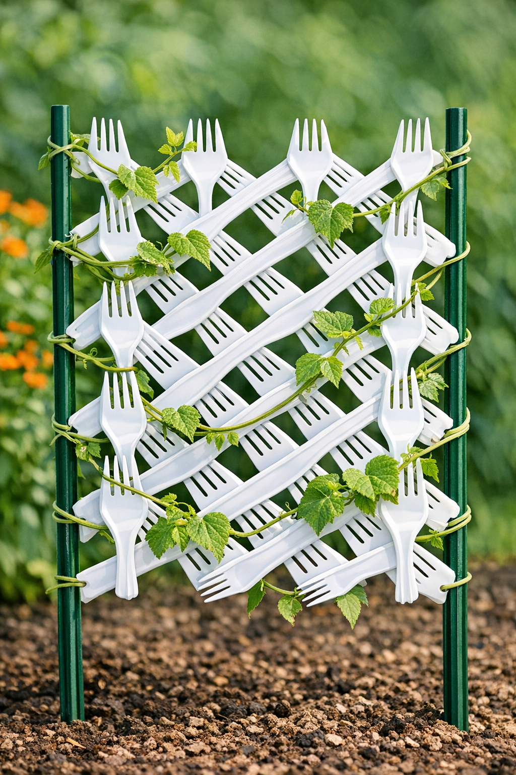 Finished heavy-duty garden trellis made from melted plastic forks in a garden bed