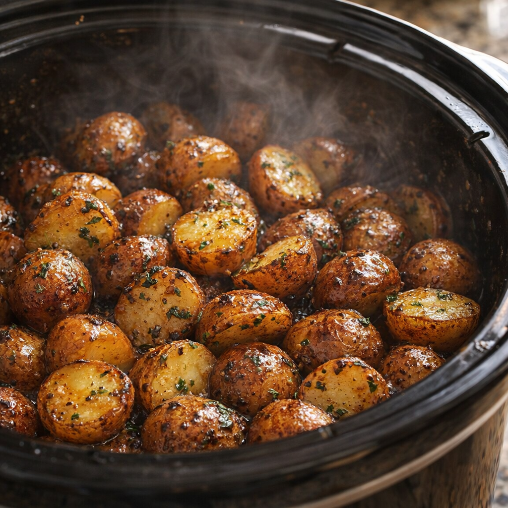 Glossy cooked potatoes in the slow cooker with caramelized edges