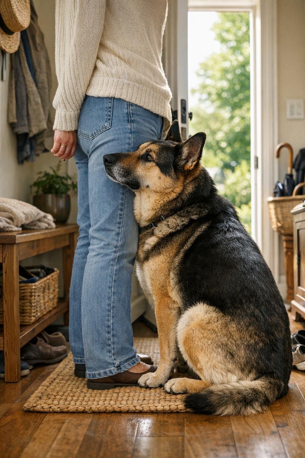 Dog standing close and leaning near an owner's legs by a front entry