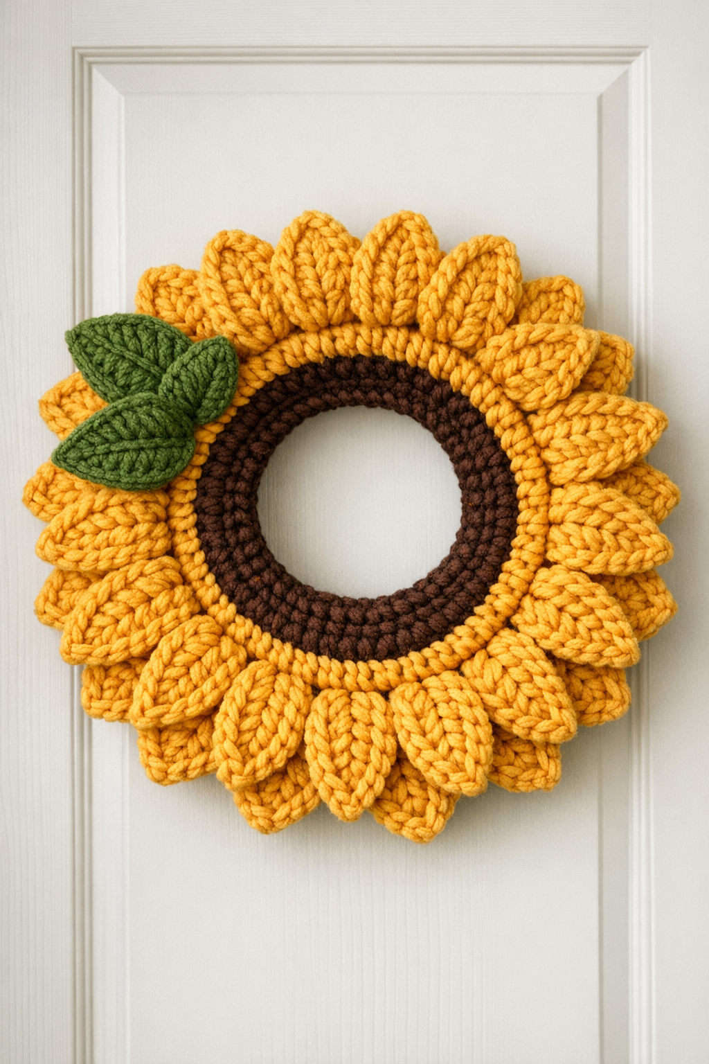 Finished crochet sunflower wreath made from a pizza pan ring