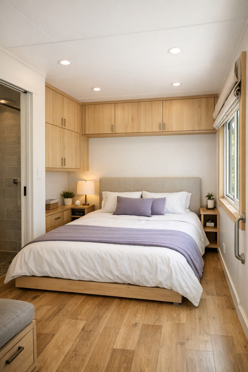 Calm tiny home bedroom with upholstered bed and lavender accents