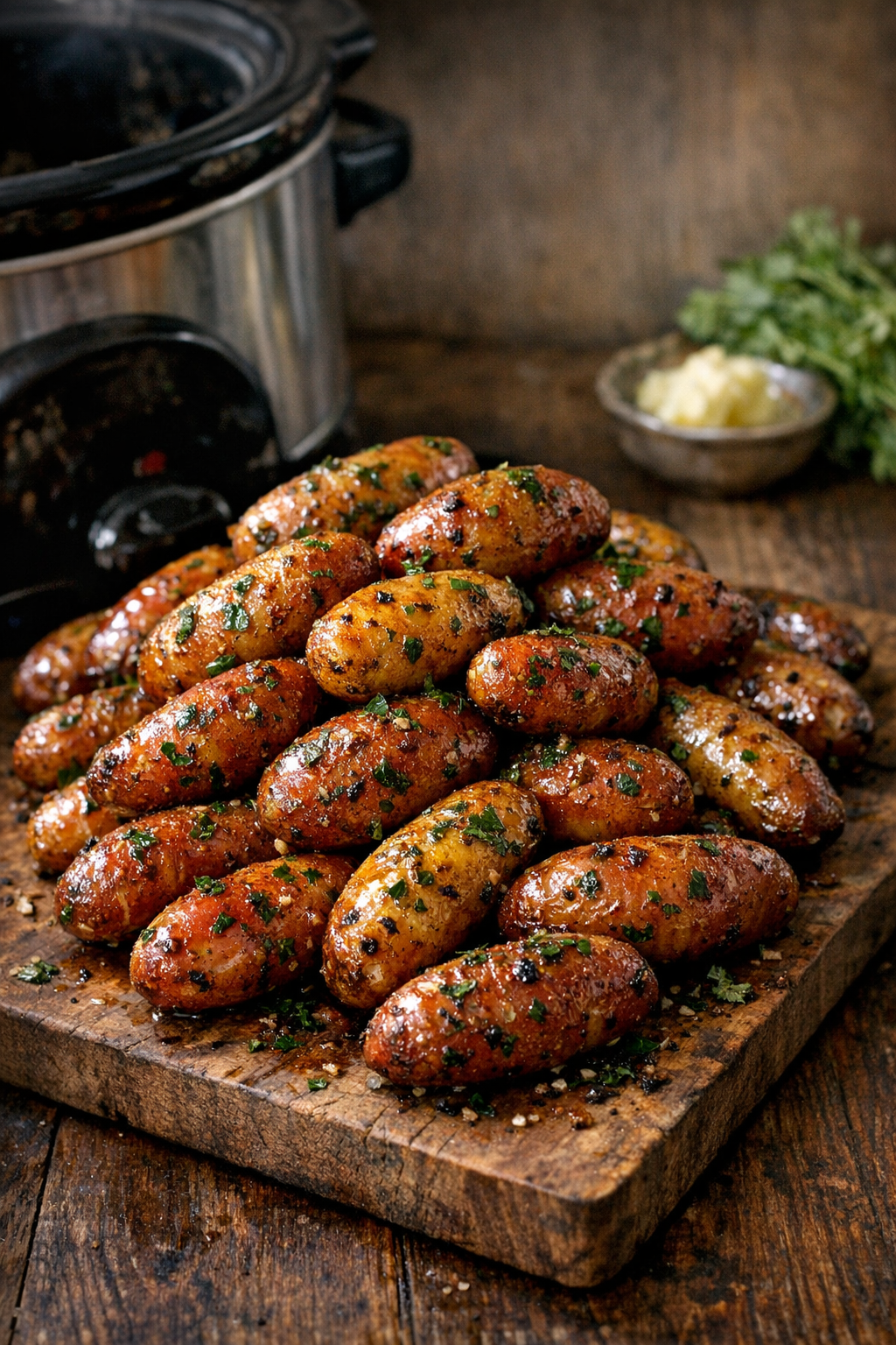 Finished herb glazed baby potatoes on a serving board