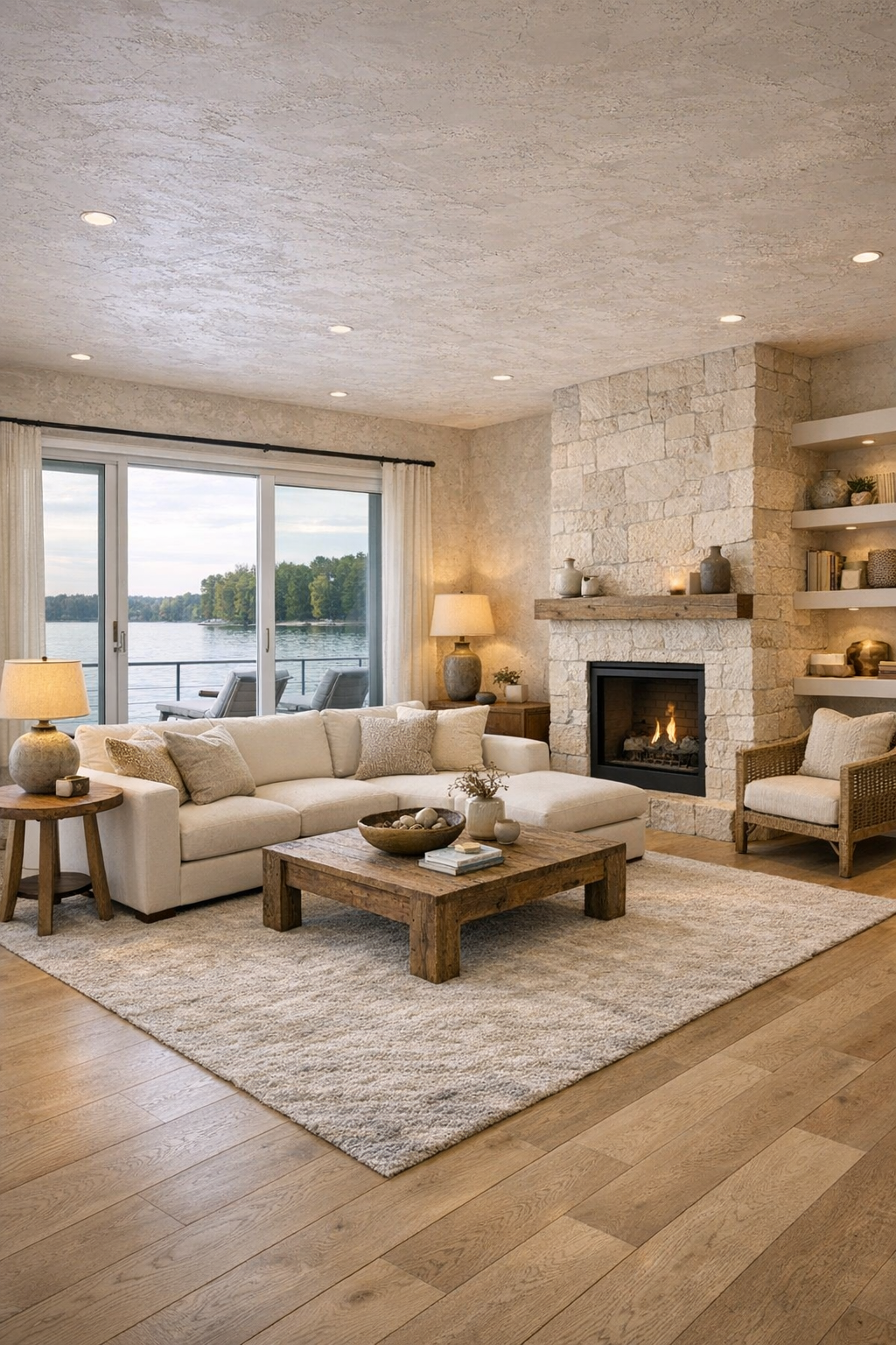 Bright cottage-style living room with pale oak floors and water views