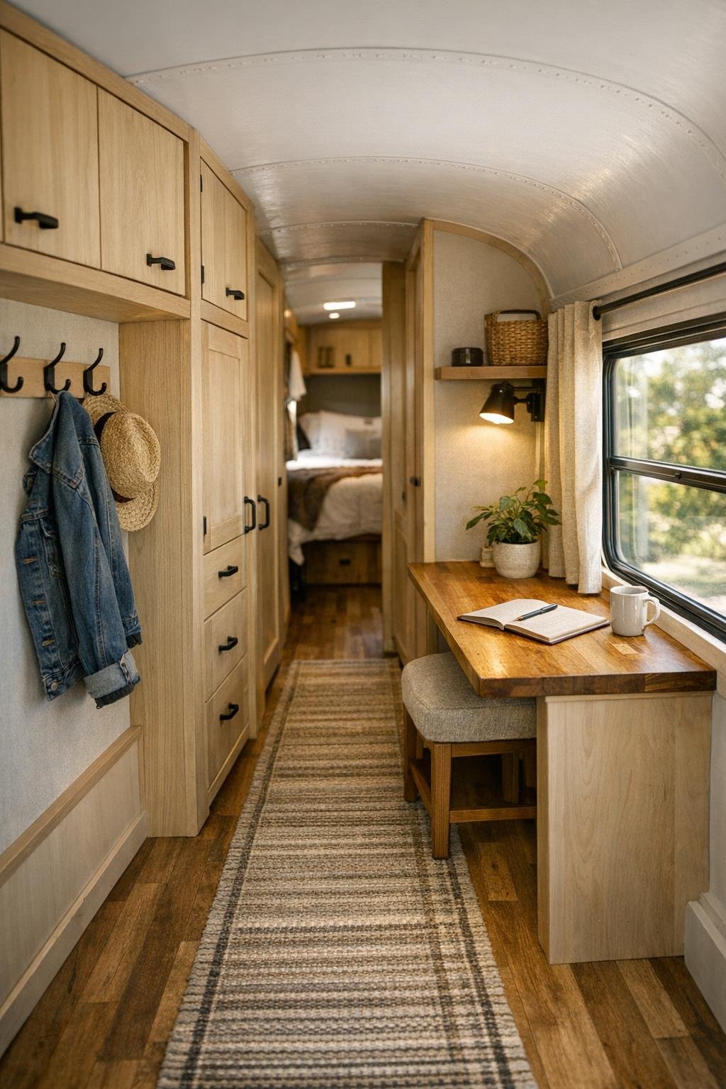 Thoughtful hallway and multipurpose storage area inside the converted bus