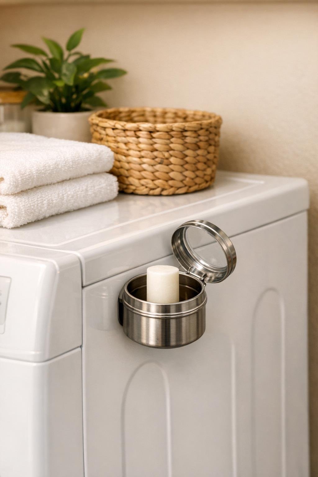 Finished magnetic stain stick holder on the side of a washing machine in a tidy laundry room