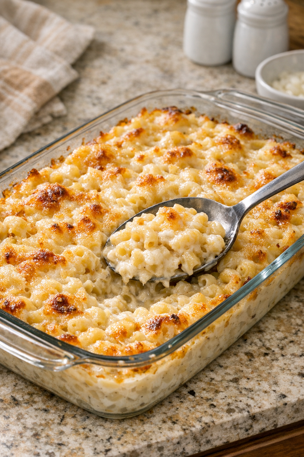 Finished baked cream of onion macaroni in a casserole dish