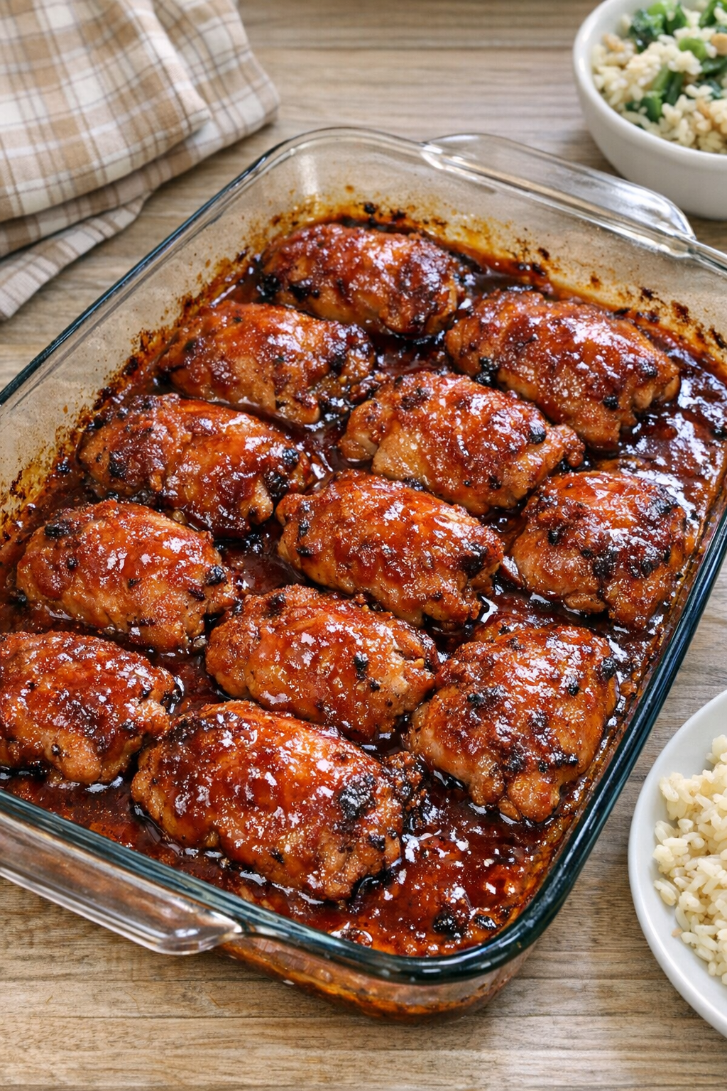 Finished baked chicken thighs in casserole dish