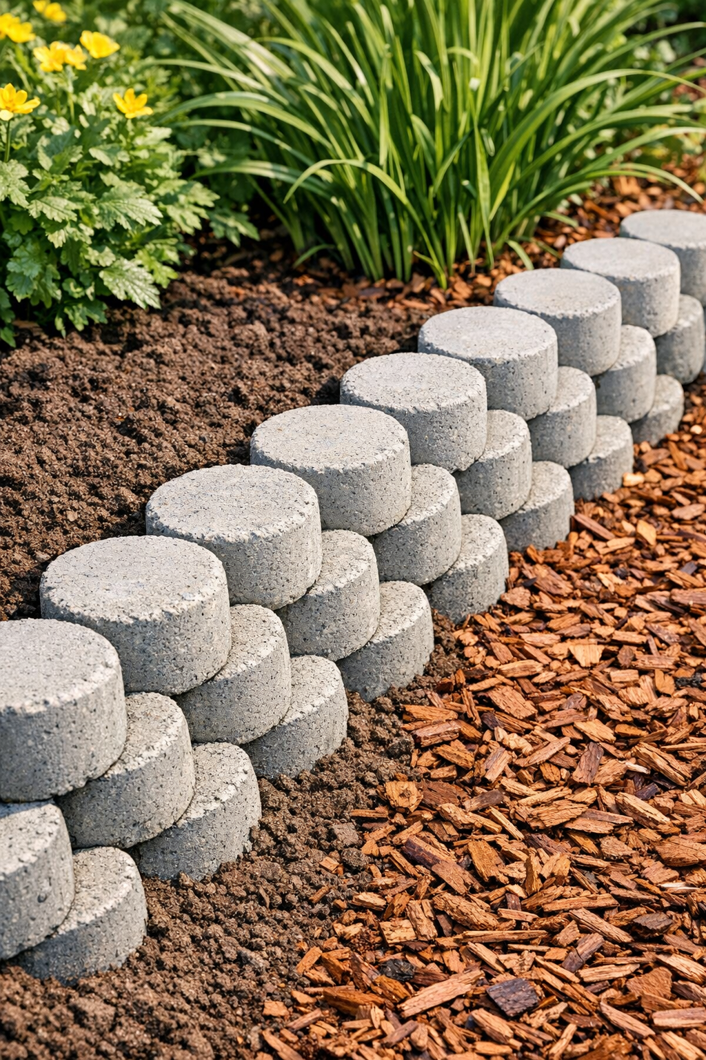 Finished scalloped cement garden edging bordering a flower bed
