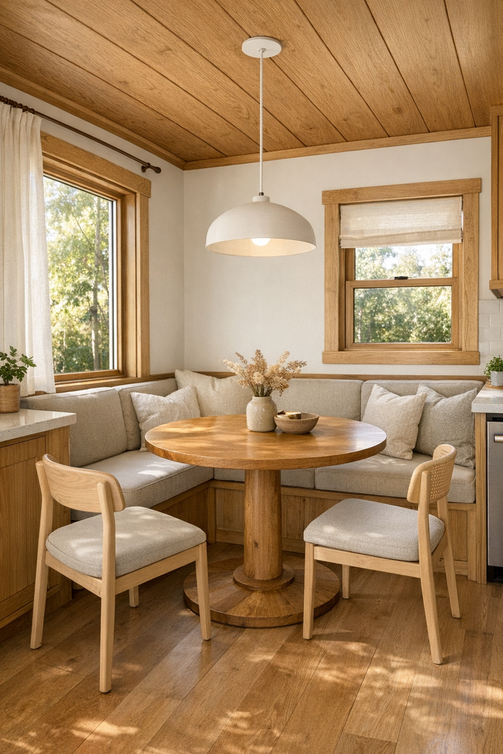 Tiny home dining nook with banquette seating and round table