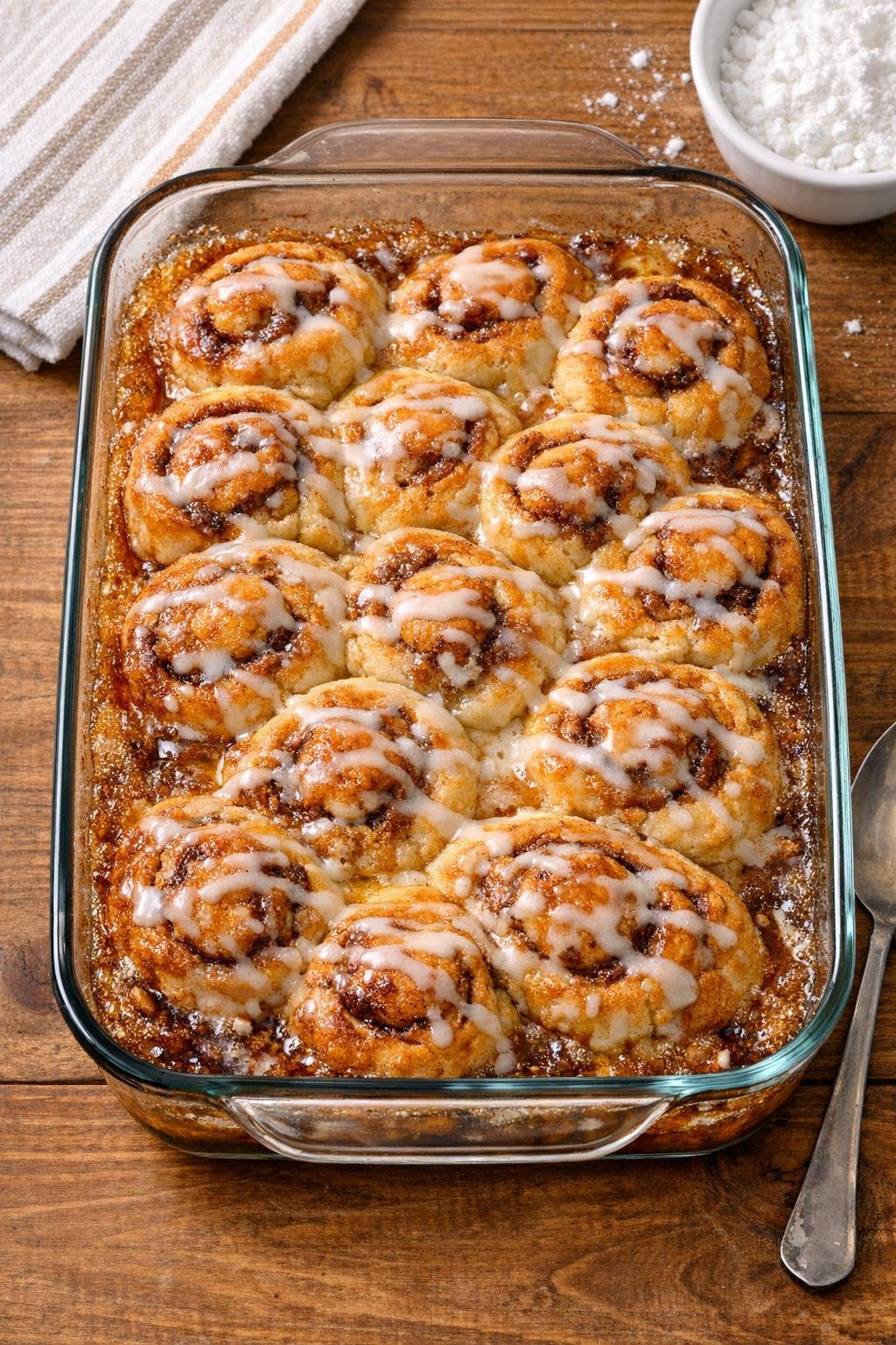 Baked cinnamon roll dessert in a glass casserole dish