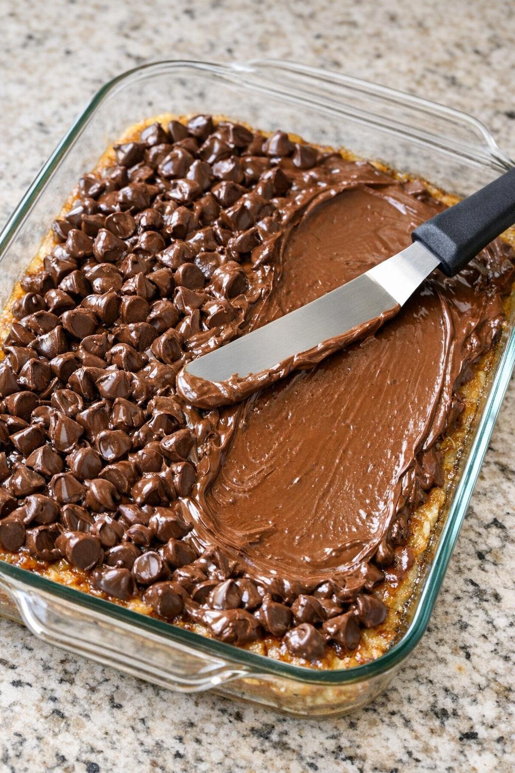Melted chocolate spread over baked toffee layer