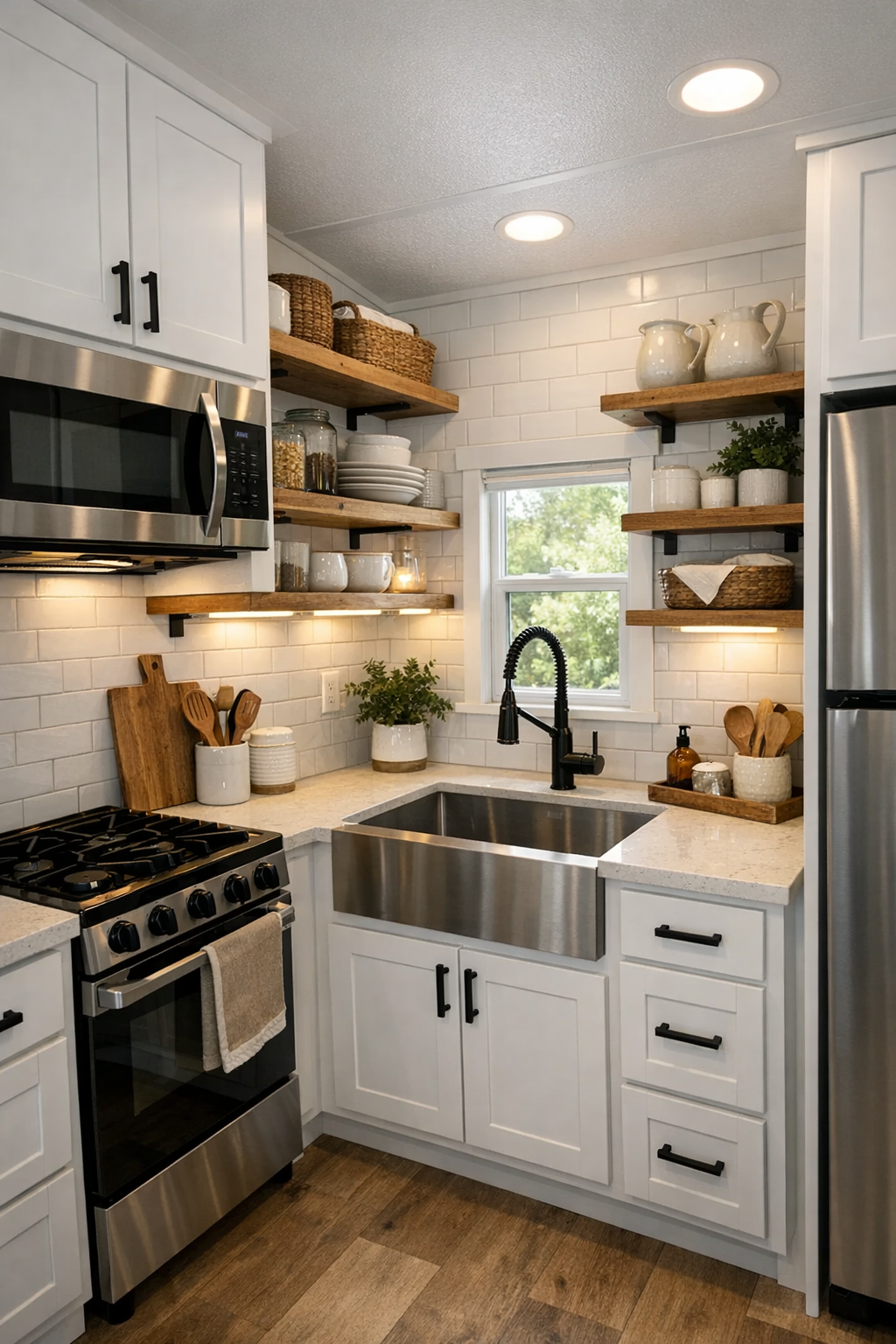 Modern farmhouse RV kitchen with shaker cabinets, light counters, and black hardware