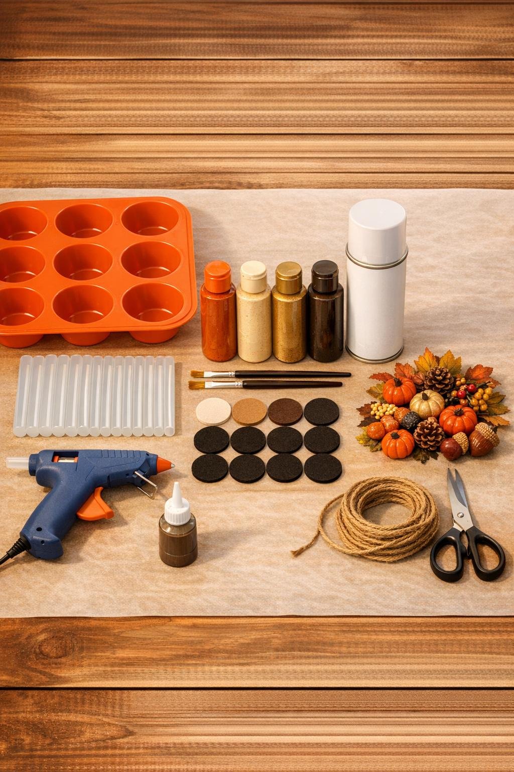 Materials for making hot glue harvest medallions laid out on a craft table