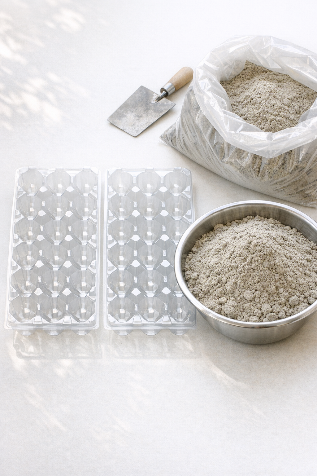 Plastic egg cartons and cement mix laid out on a work surface