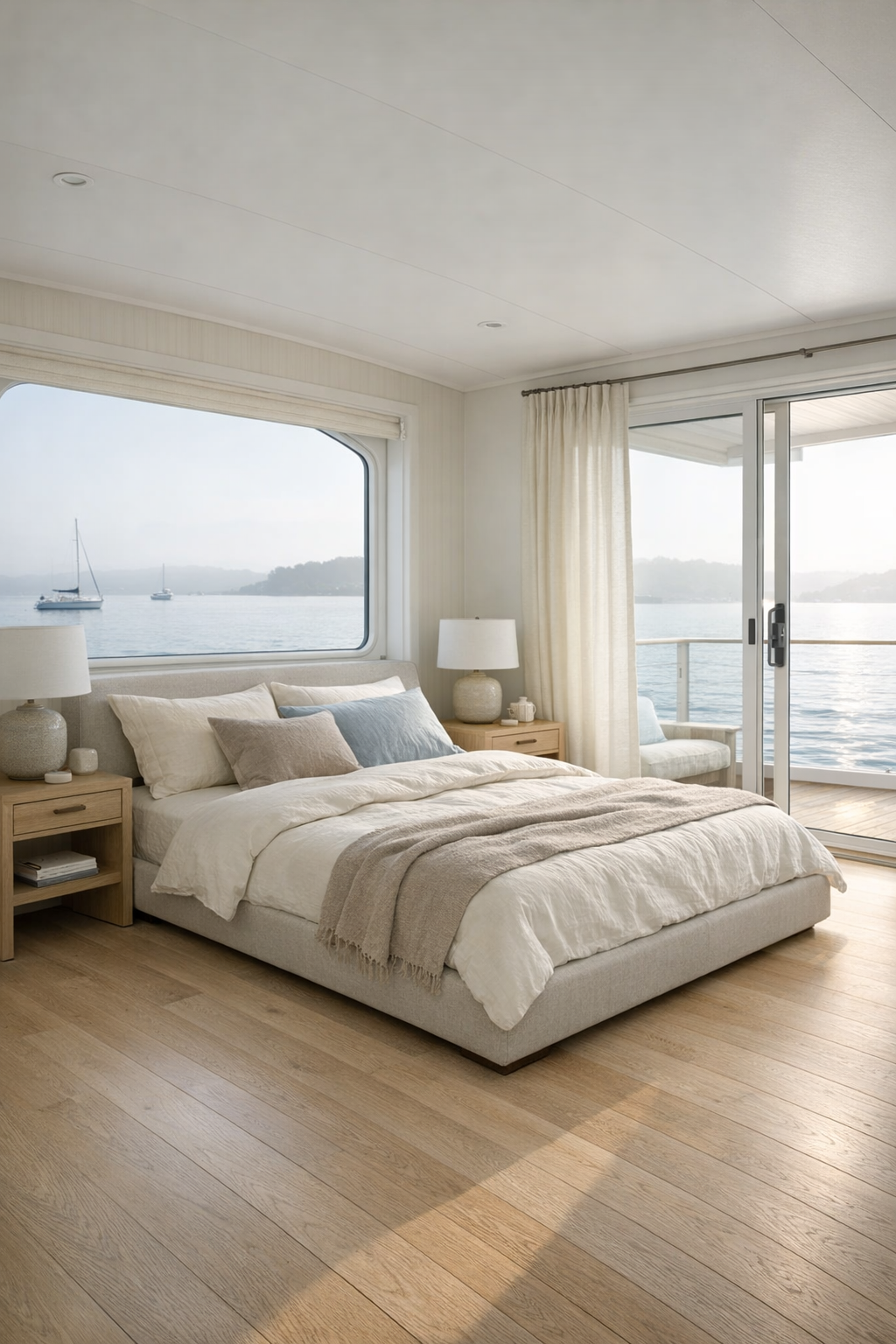 Serene accessible bedroom with linen textures and water views