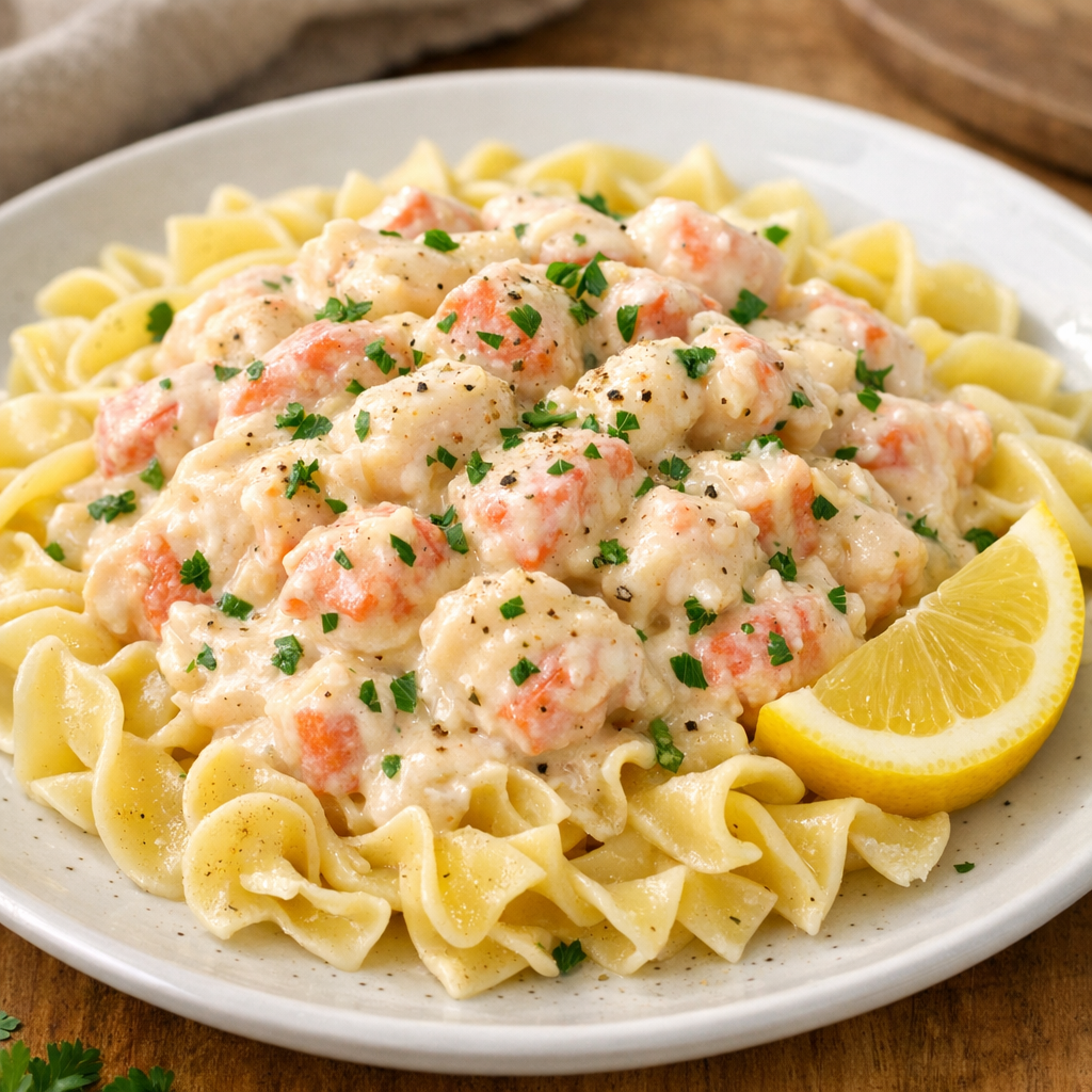 Finished creamy imitation lobster served on a plate