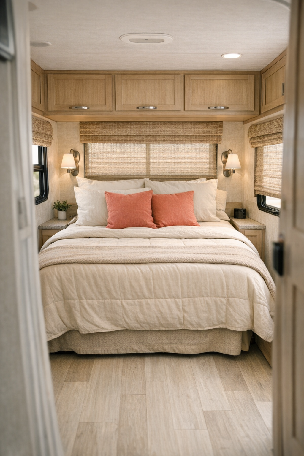 Cozy RV bedroom with neutral bedding and muted coral accents