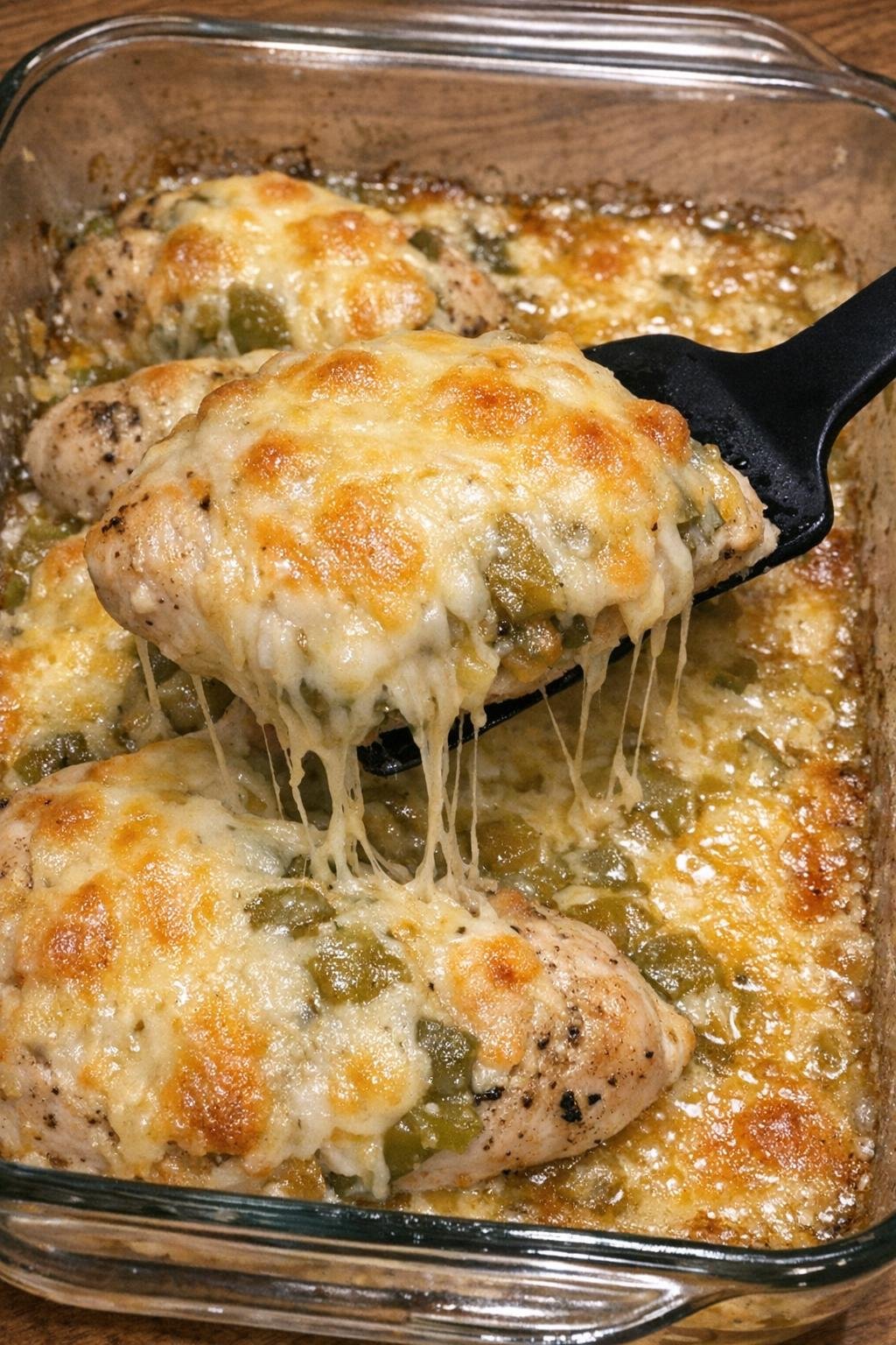 Bubbly melted cheese over seasoned chicken breasts with green chiles in a glass baking dish